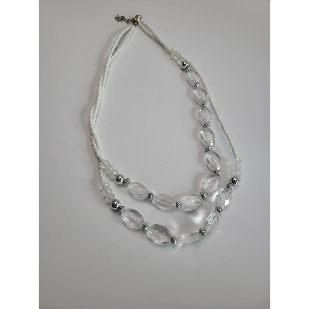 White Clear Double Strand Beaded Necklace Faceted Oval Silver Tone Statement - Picture 7 of 9